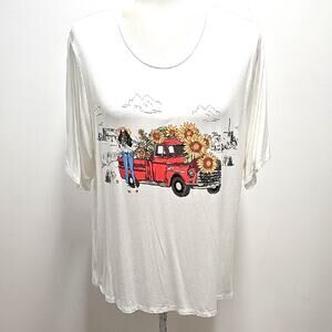 Kiss & Fly Women's White Tee with Red Truck Sunflower Rhinestones Design Sz XL